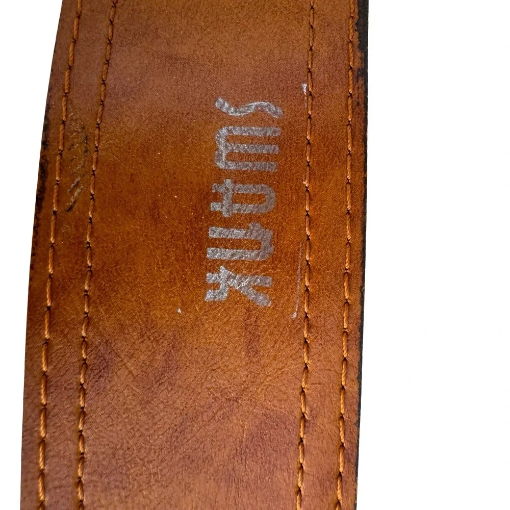 Swank Vintage Brown Leather Hand Embroidered Denim Belt Haiti Boho Western 30-32